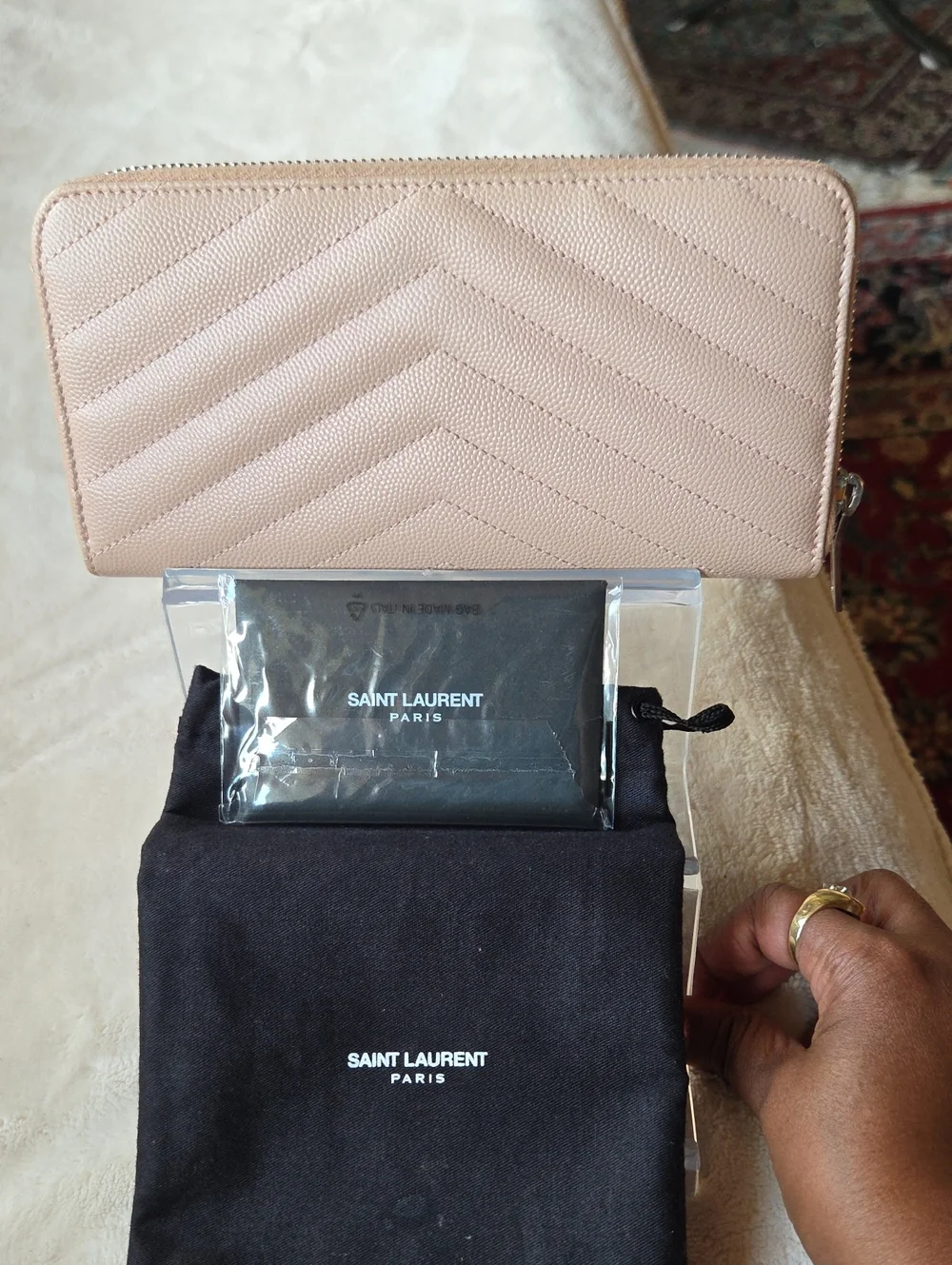 Saint Laurent Light Pink Quilted Zip-Around Wallet with YSL Logo